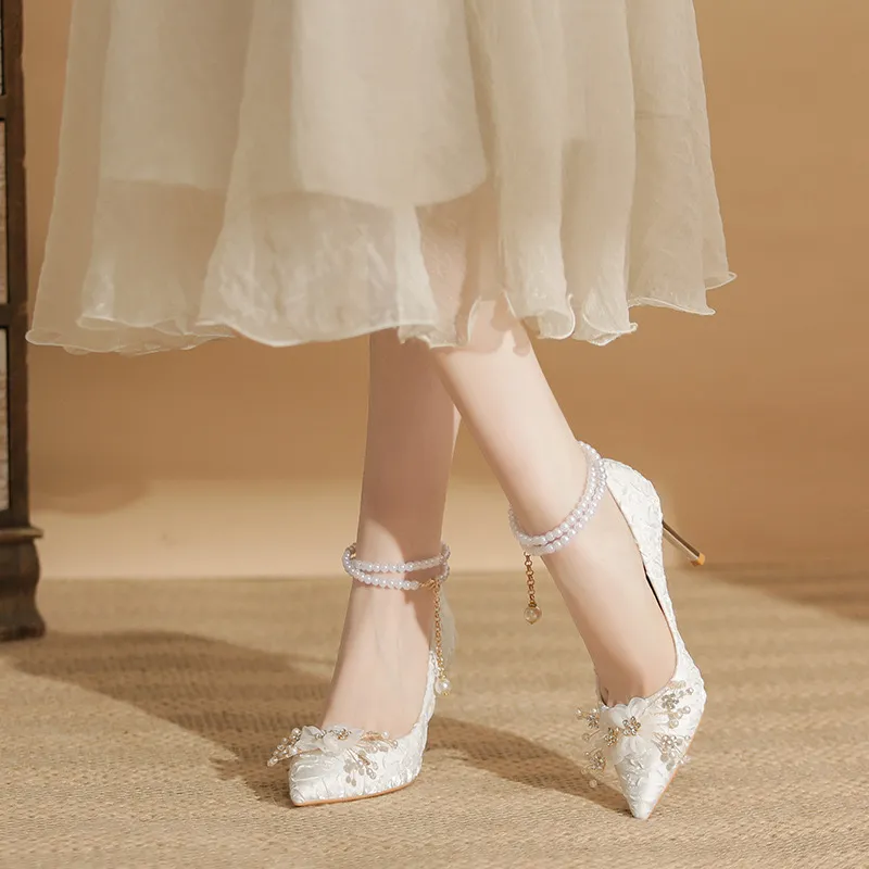 HKCP Slim Heel High Heels 8cm Women's White-2