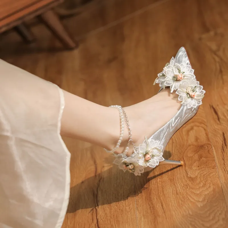 HKCP Slim Heel High Heels 8cm Women's Silver-2