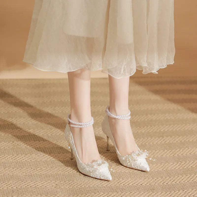 HKCP Slim Heel High Heels 8cm Women's White-4