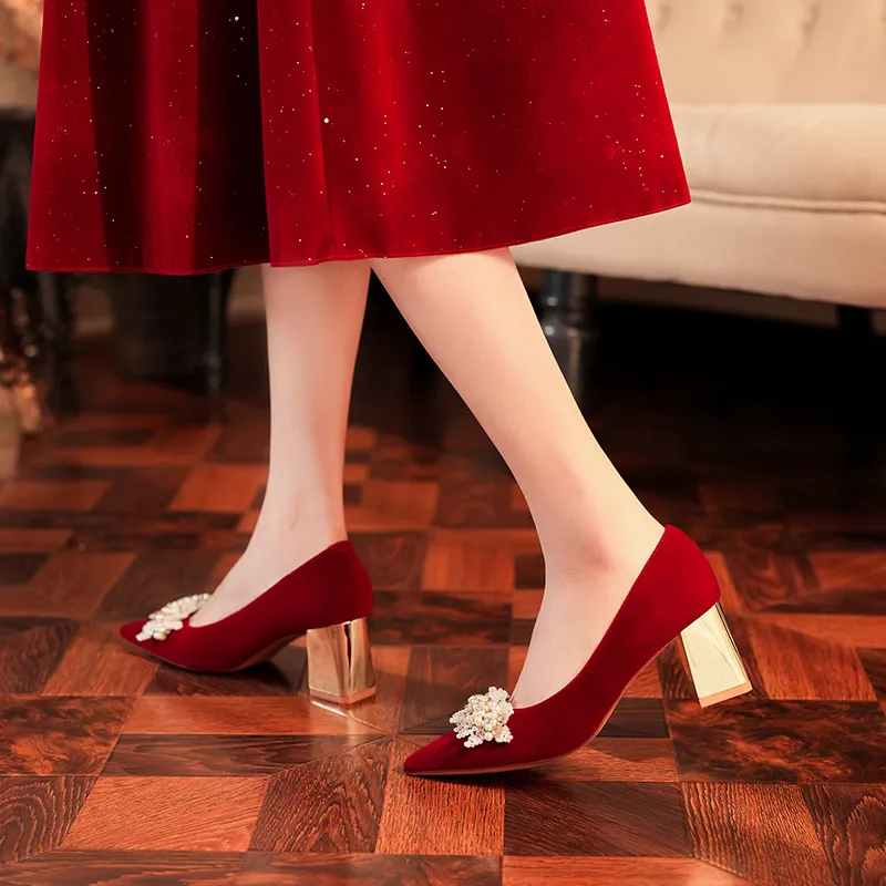 HKCP Chunky Heel High Heels 6.5cm Women's Red-3