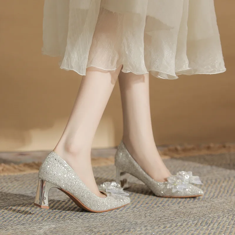 HKCP Chunky Heel High Heels 6cm Women's Silver-2