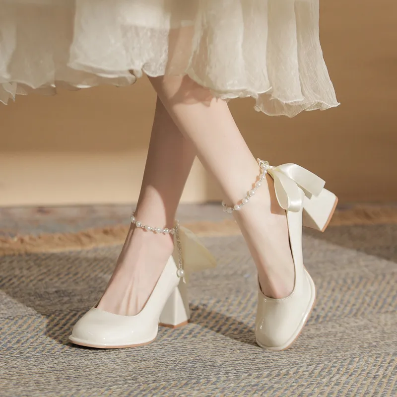 HKCP Chunky Heel High Heels 7cm Women's Ecru-2