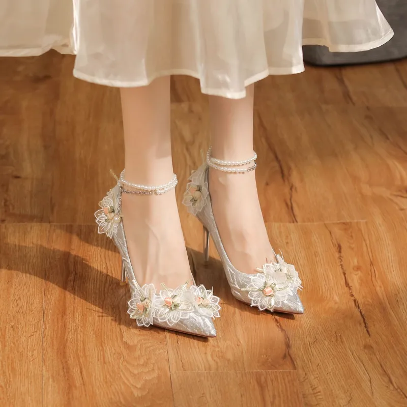 HKCP Slim Heel High Heels 8cm Women's Silver-1