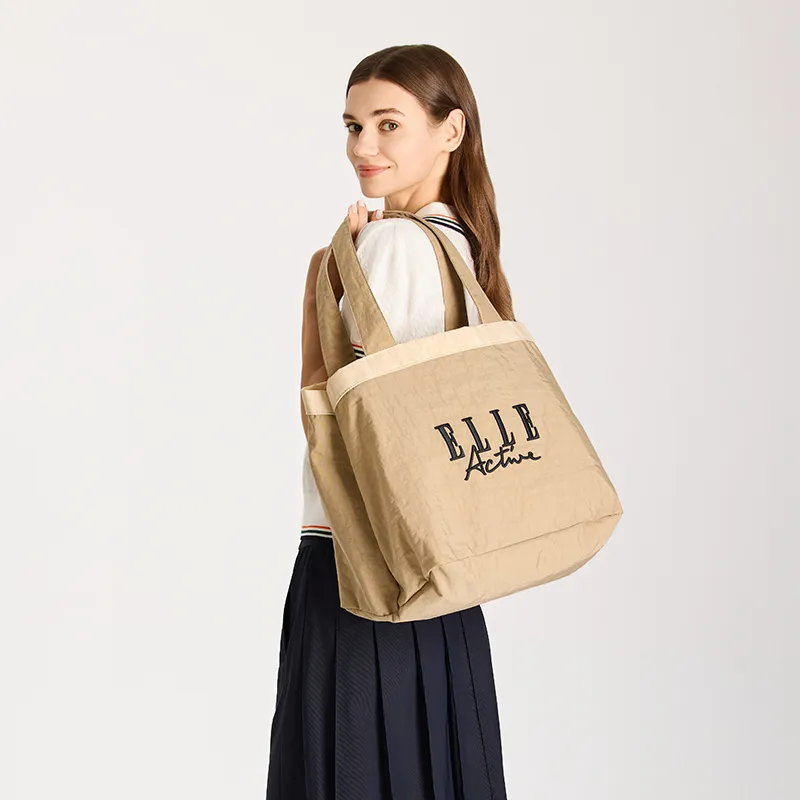 Elle Active Fabric Tote Bag, Shopping Bag, Shoulder Bag Large Size Unisex Khaki/Red Blue-3