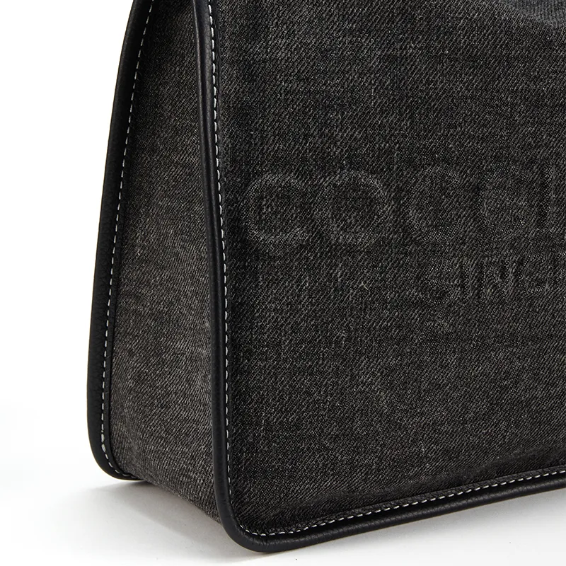 COCCINELLE Fabric Cow Leather Patchwork Pageboy Bag Tote Bag Shopping Bag Shoulder Bag Small Size Unisex Black-4