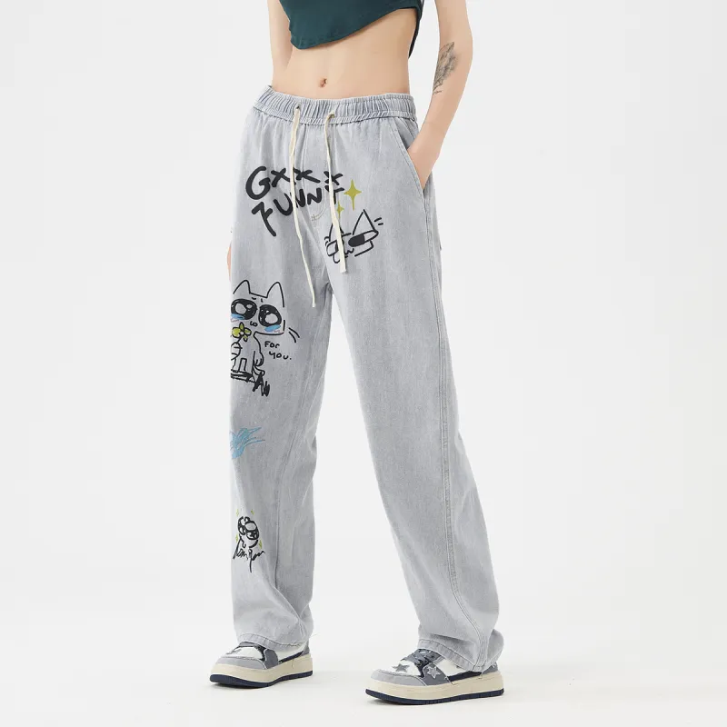 GXXX Autumn And Winter Models Lace-Up Straight Fit Jeans Unisex-2