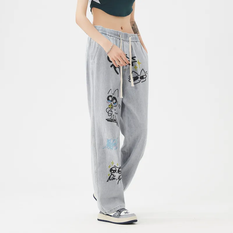 GXXX Autumn And Winter Models Lace-Up Straight Fit Jeans Unisex-3