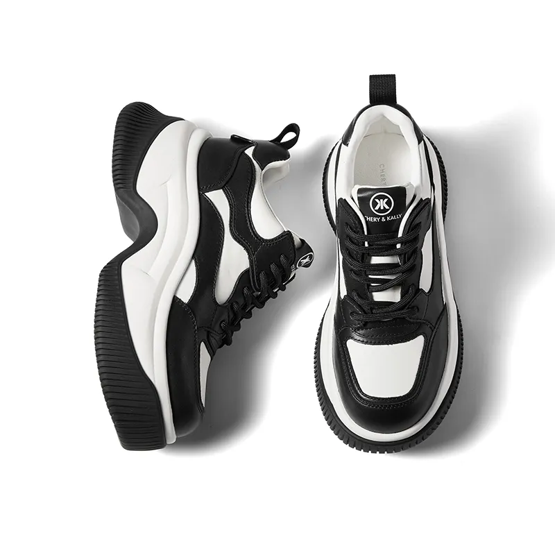 CHERYKALLY Anti Slip And Wear Resistant Height Increasing Coverage Low Top Chunky Sneakers Women's White Black-4