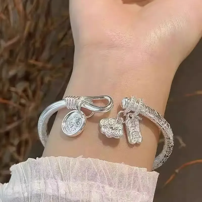 Kim Heng Hee S999 Fine Silver Auspicious Clouds Peaceful Joy New Chinese Style Lucky Bangle Women's-4