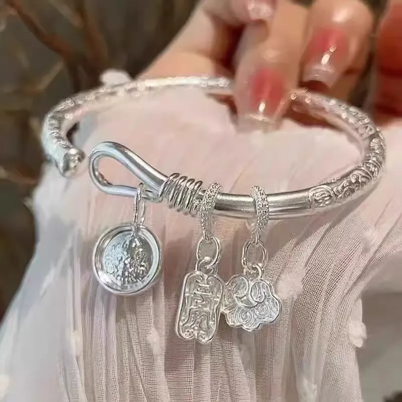 Kim Heng Hee S999 Fine Silver Auspicious Clouds Peaceful Joy New Chinese Style Lucky Bangle Women's-1