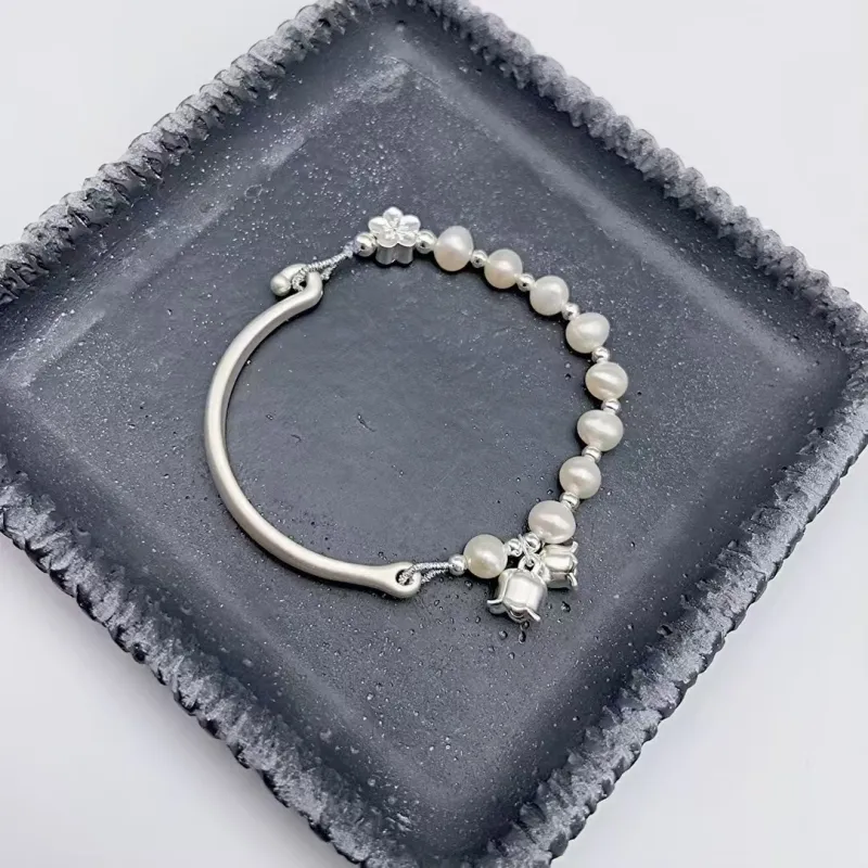 Kim Heng Hee S999 Fine Silver With Freshwater Pearl New Chinese Style Peaceful Bangle Women's-1