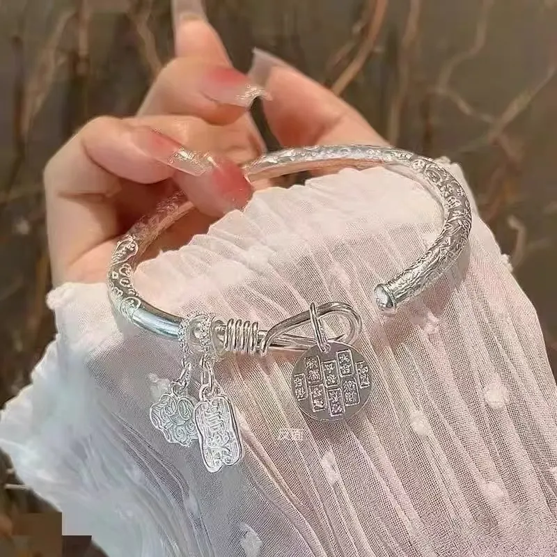 Kim Heng Hee S999 Fine Silver Auspicious Clouds Peaceful Joy New Chinese Style Lucky Bangle Women's-2