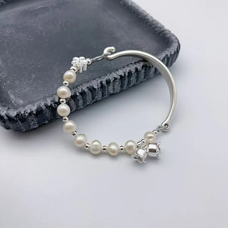 Kim Heng Hee S999 Fine Silver With Freshwater Pearl New Chinese Style Peaceful Bangle Women's-2