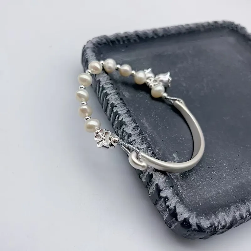 Kim Heng Hee S999 Fine Silver With Freshwater Pearl New Chinese Style Peaceful Bangle Women's-3