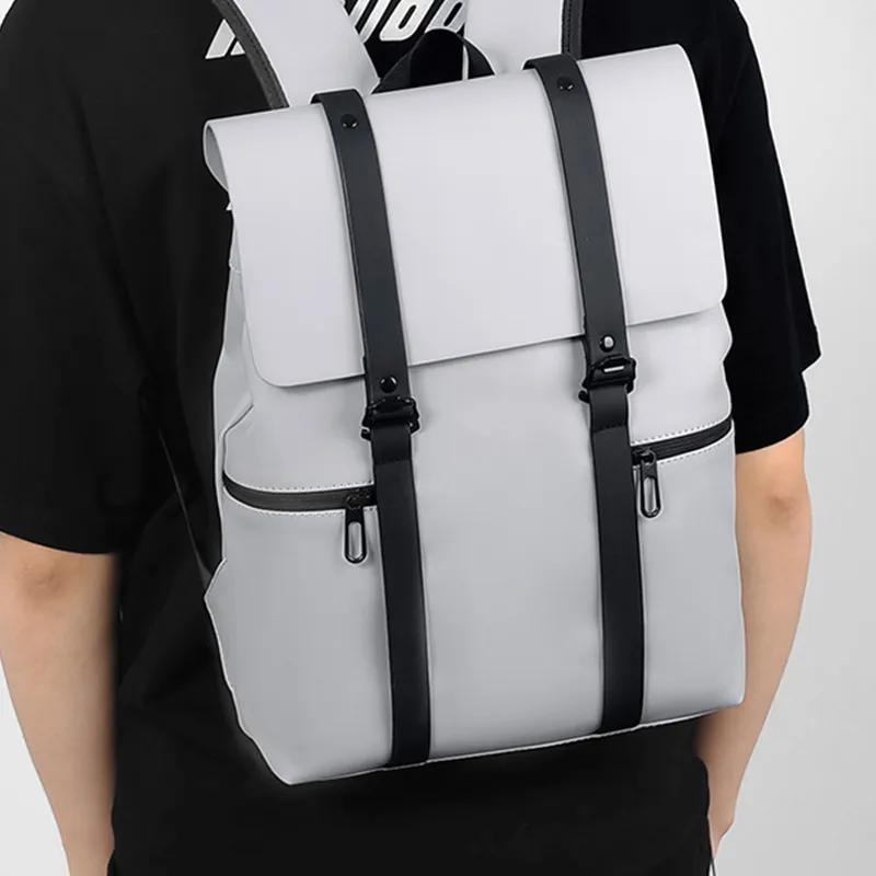 MUYKUY PU Leather Patchwork Backpack Regular Unisex Galaxy Gray/Black-3