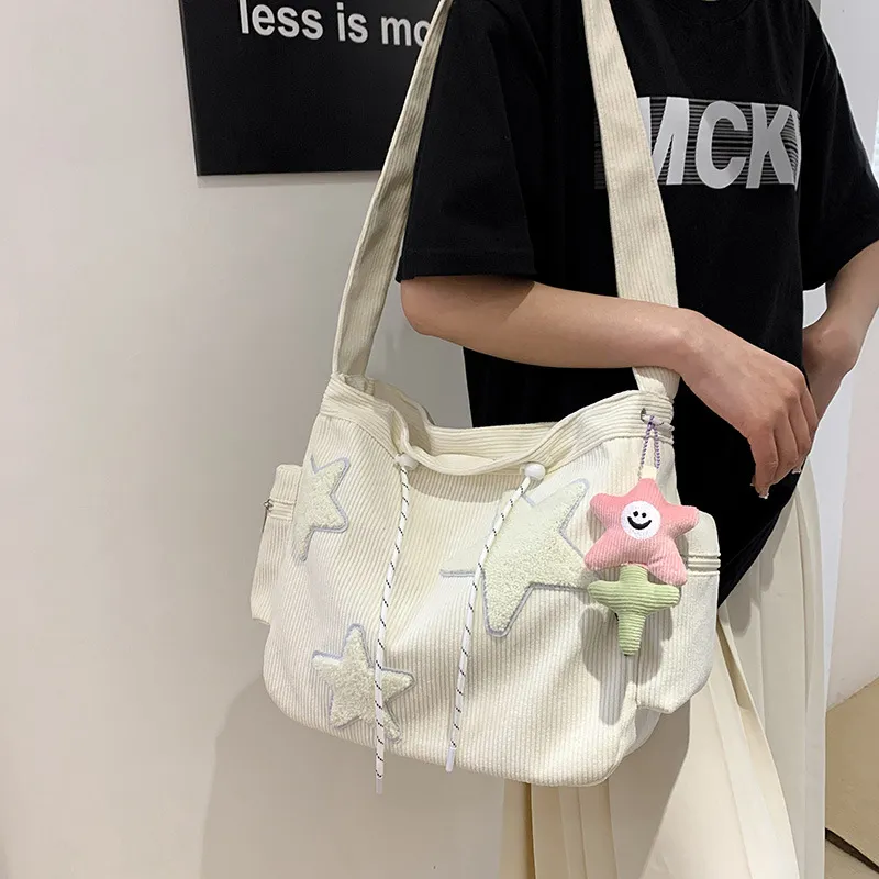 MUYKUY Corduroy Shoulder Bag Tote Crossbody Bag Regular Women's Ecru/Pink-2