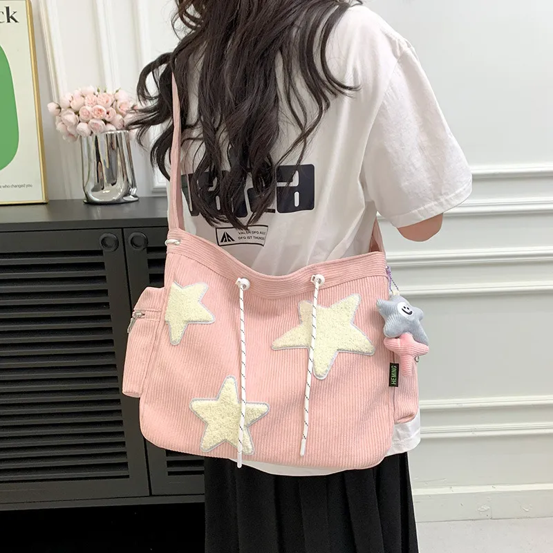 MUYKUY Corduroy Shoulder Bag Tote Crossbody Bag Regular Women's Ecru/Pink-5