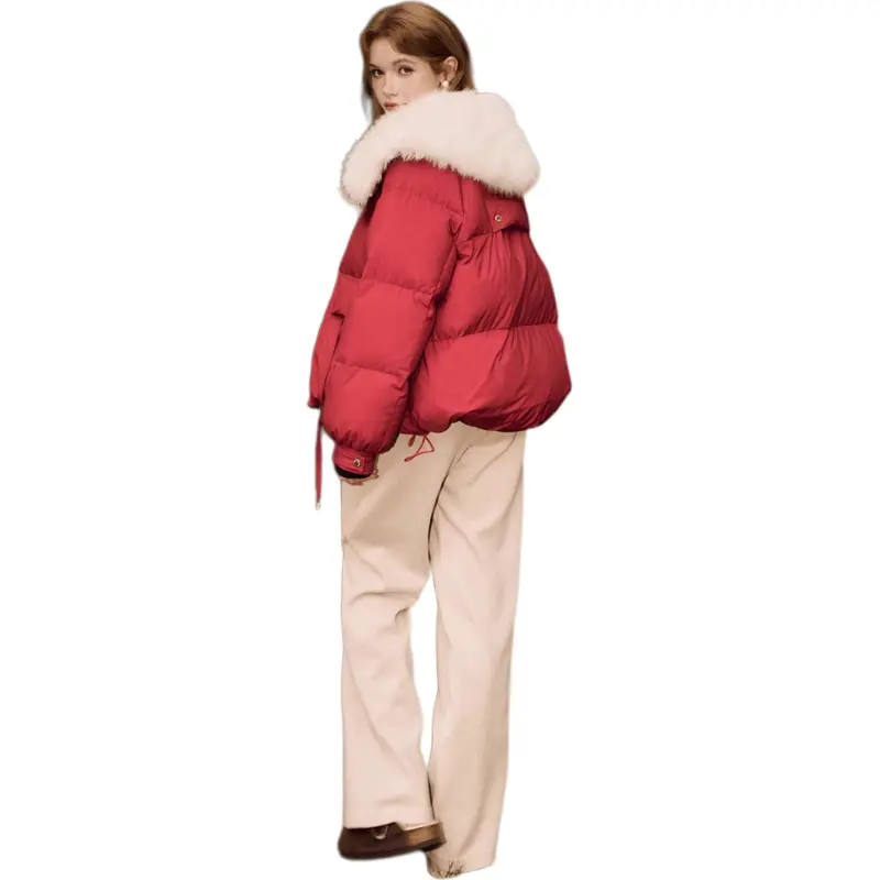 KUHNMARVIN Fur Collar Cropped Down Jacket Women's Red-1