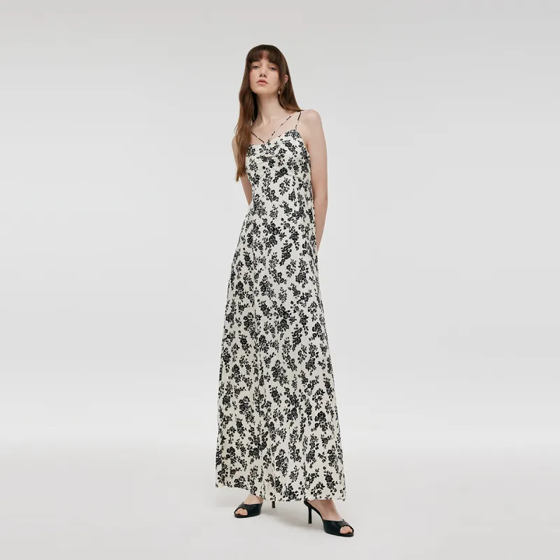 GOELIA Slip Dress Women's Black With Ecru Camellia Print-3
