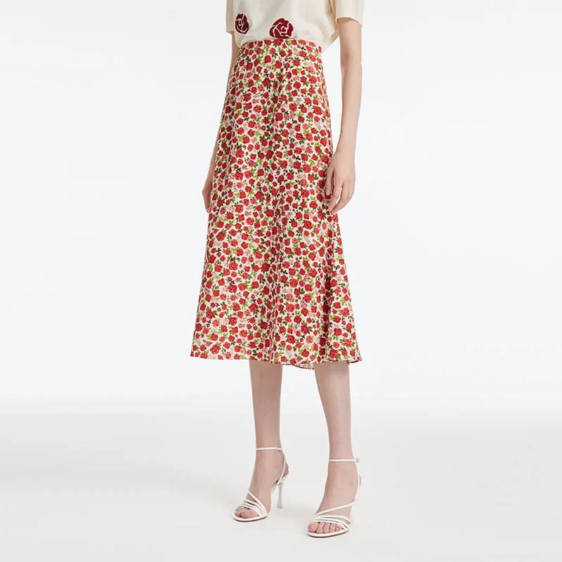 GOELIA Casual Long Skirt Women's Red Rose Print-3
