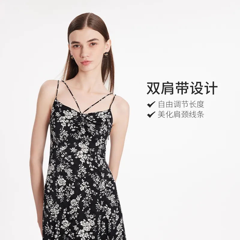 GOELIA Slip Dress Women's Black With Ecru Camellia Print-2