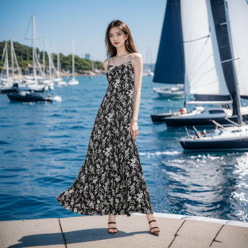 GOELIA Slip Dress Women's Black With Ecru Camellia Print-4