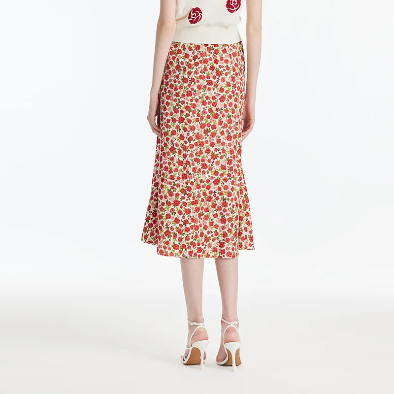 GOELIA Casual Long Skirt Women's Red Rose Print-2