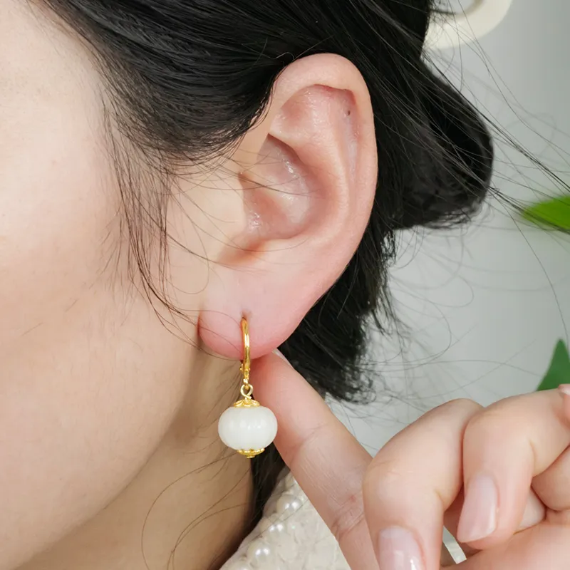 HENGTAIZHUBAO Hetian Jade Earrings Pale Greenish White Jade Women's-5