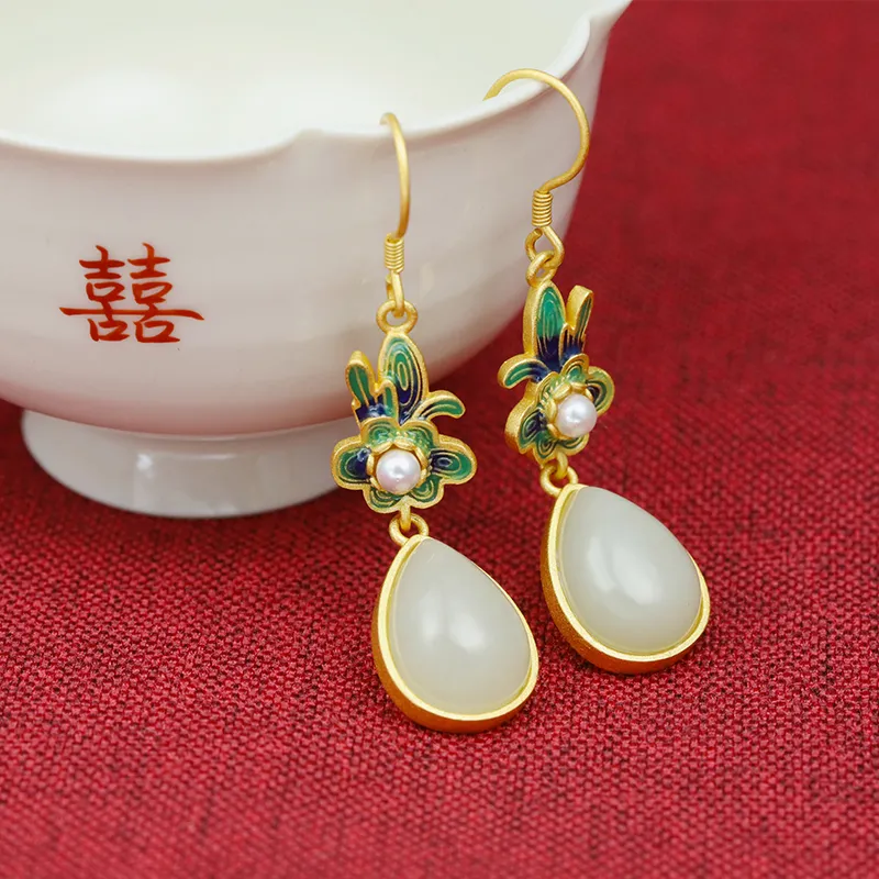 HENGTAIZHUBAO Hetian Jade Earrings Pale Greenish White Jade Women's-3
