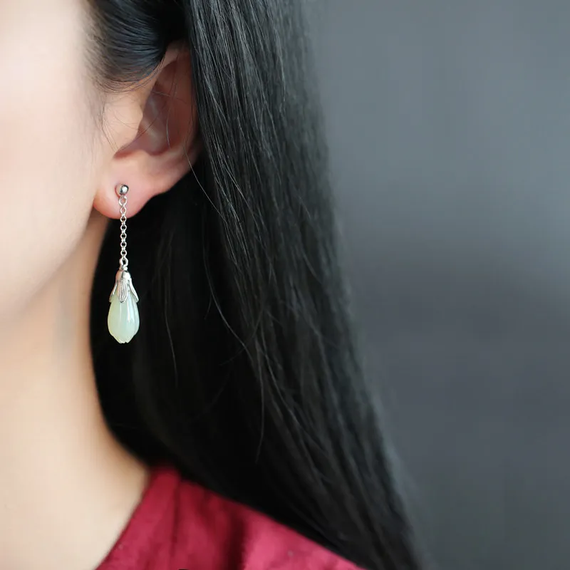 HENGTAIZHUBAO Hetian Jade Earrings Pale Greenish White Jade Women's-4