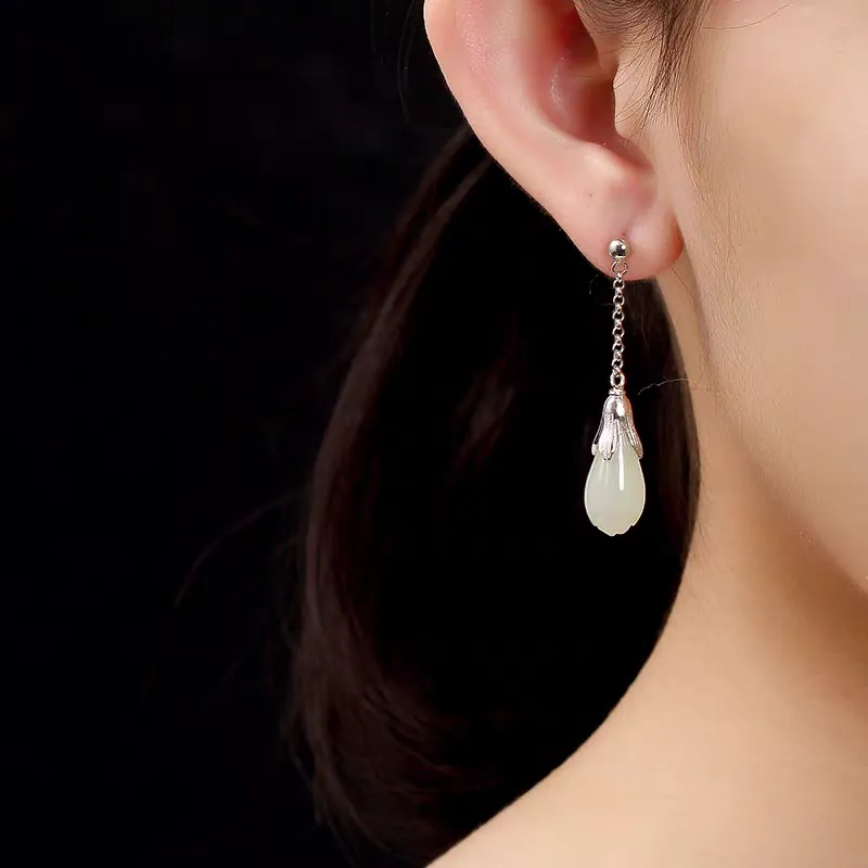 HENGTAIZHUBAO Hetian Jade Earrings Pale Greenish White Jade Women's-5