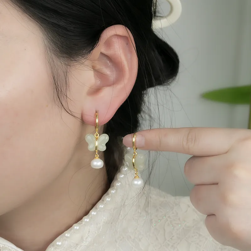 HENGTAIZHUBAO Hetian Jade Earrings Pale Greenish White Jade Women's-4