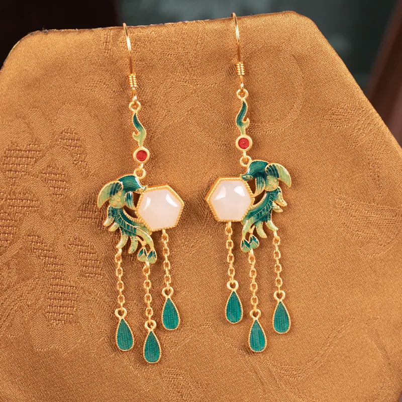 HENGTAIZHUBAO Hetian Jade Earrings Pale Greenish White Jade Women's-2