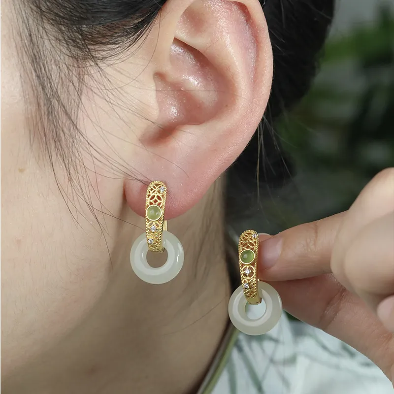 Heng Tai Jewelry Hetian Jade Earrings Pale Greenish White Jade Women's-5