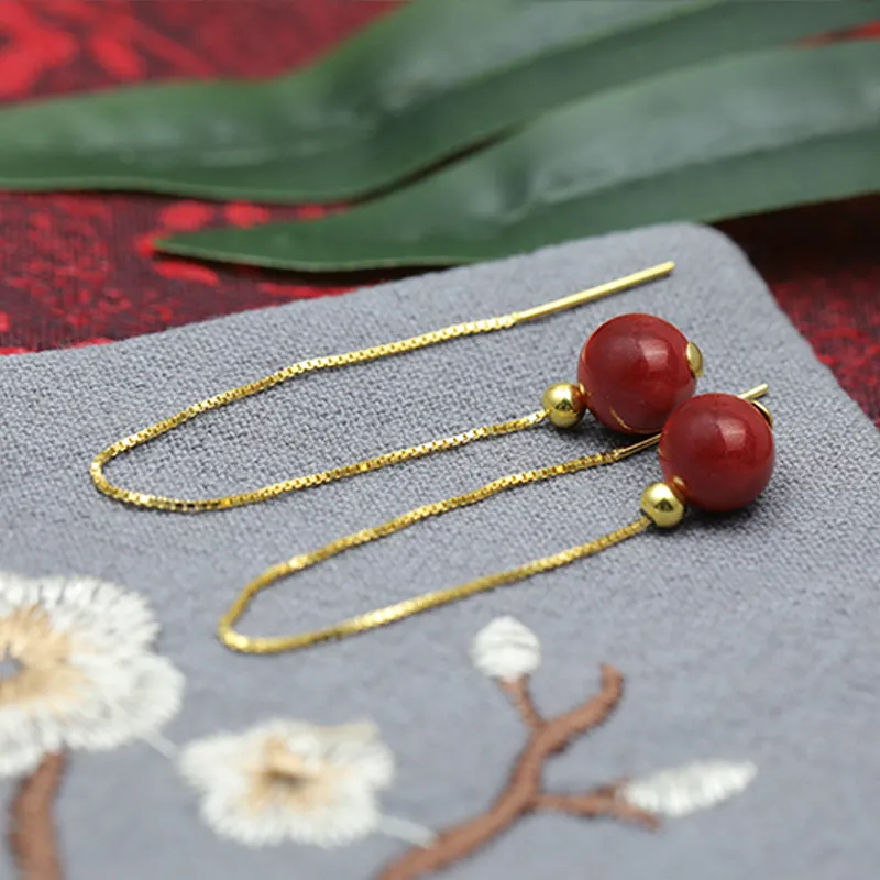 HENGTAIZHUBAO Cinnabar S925 Silver Hoop Earrings Women's-3