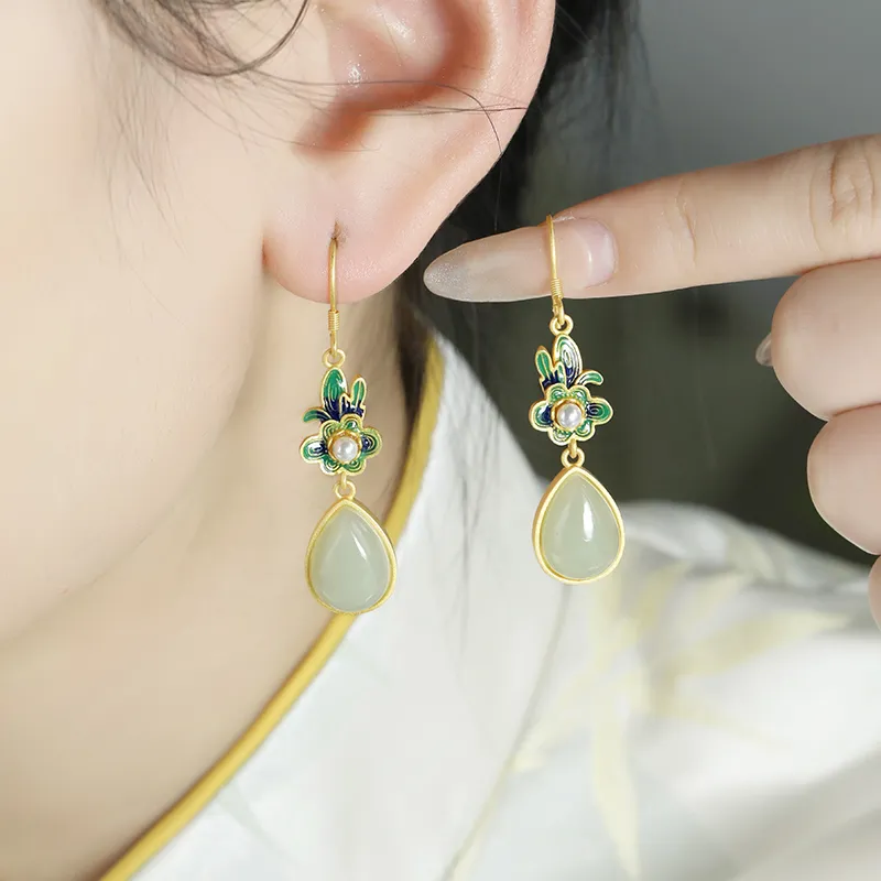HENGTAIZHUBAO Hetian Jade Earrings Pale Greenish White Jade Women's-5