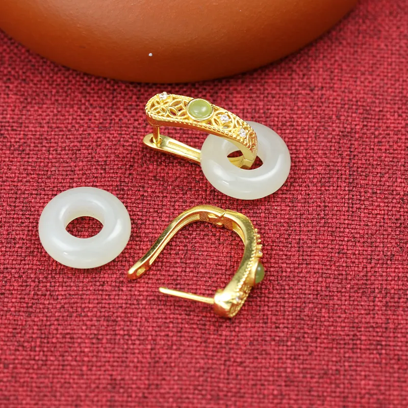 Heng Tai Jewelry Hetian Jade Earrings Pale Greenish White Jade Women's-2
