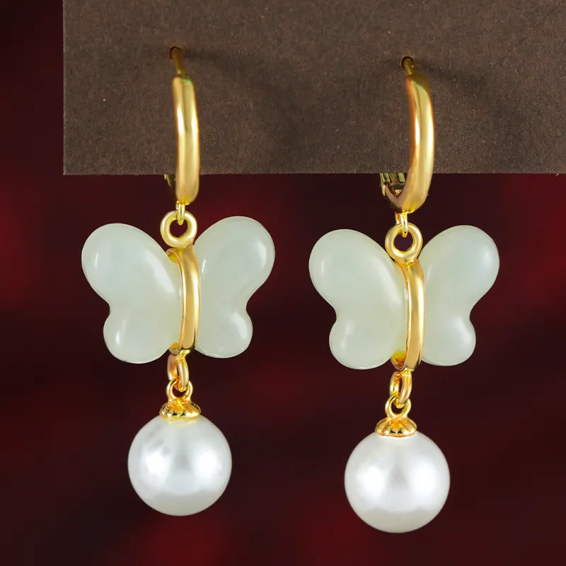 HENGTAIZHUBAO Hetian Jade Earrings Pale Greenish White Jade Women's-2
