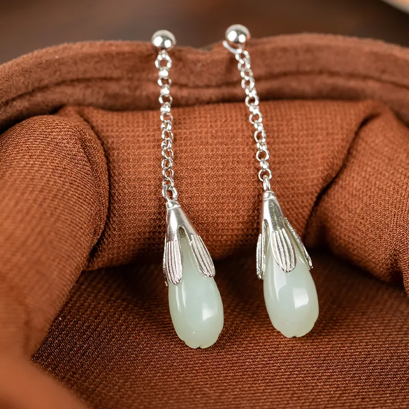 HENGTAIZHUBAO Hetian Jade Earrings Pale Greenish White Jade Women's-2