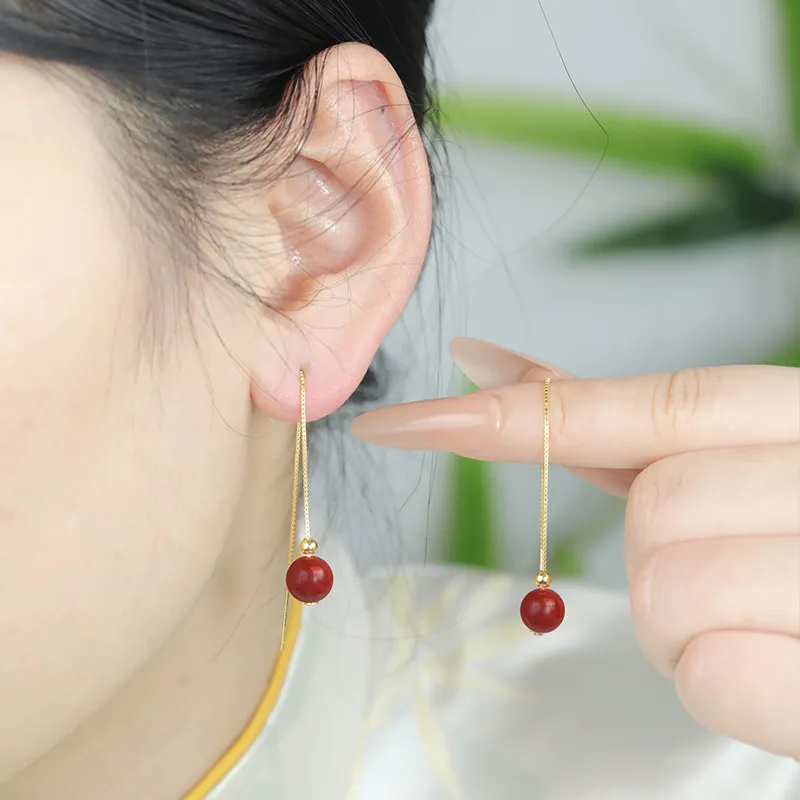 HENGTAIZHUBAO Cinnabar S925 Silver Hoop Earrings Women's-5