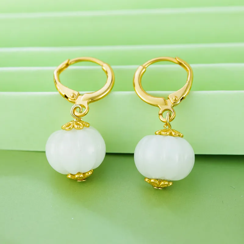 HENGTAIZHUBAO Hetian Jade Earrings Pale Greenish White Jade Women's-2
