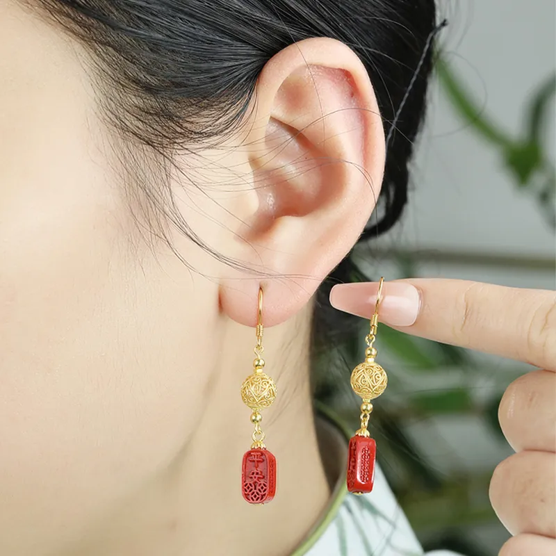 Heng Tai Jewelry Cinnabar Earrings Women's-5
