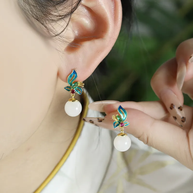 Heng Tai Jewelry Hetian Jade Earrings Green Jade Women's-1