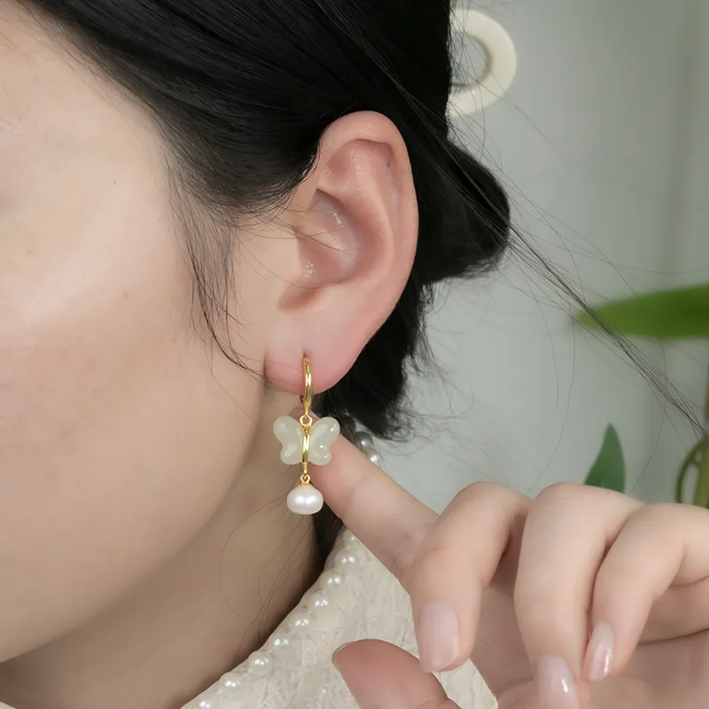 HENGTAIZHUBAO Hetian Jade Earrings Pale Greenish White Jade Women's-6