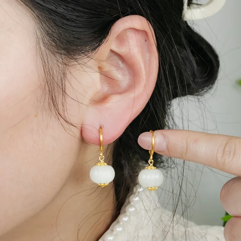 HENGTAIZHUBAO Hetian Jade Earrings Pale Greenish White Jade Women's-4