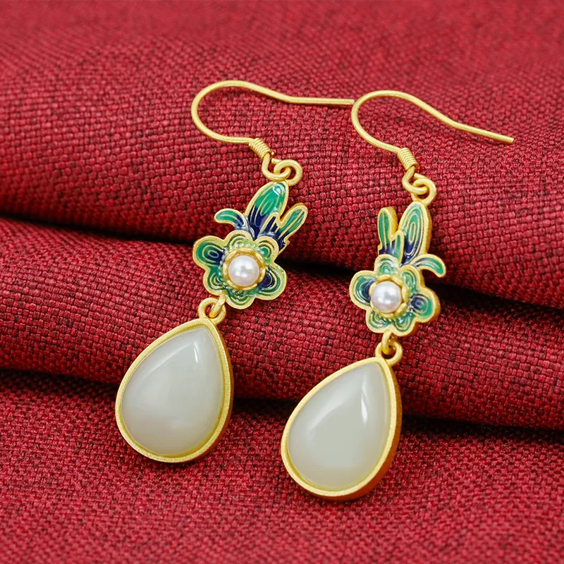 HENGTAIZHUBAO Hetian Jade Earrings Pale Greenish White Jade Women's-2
