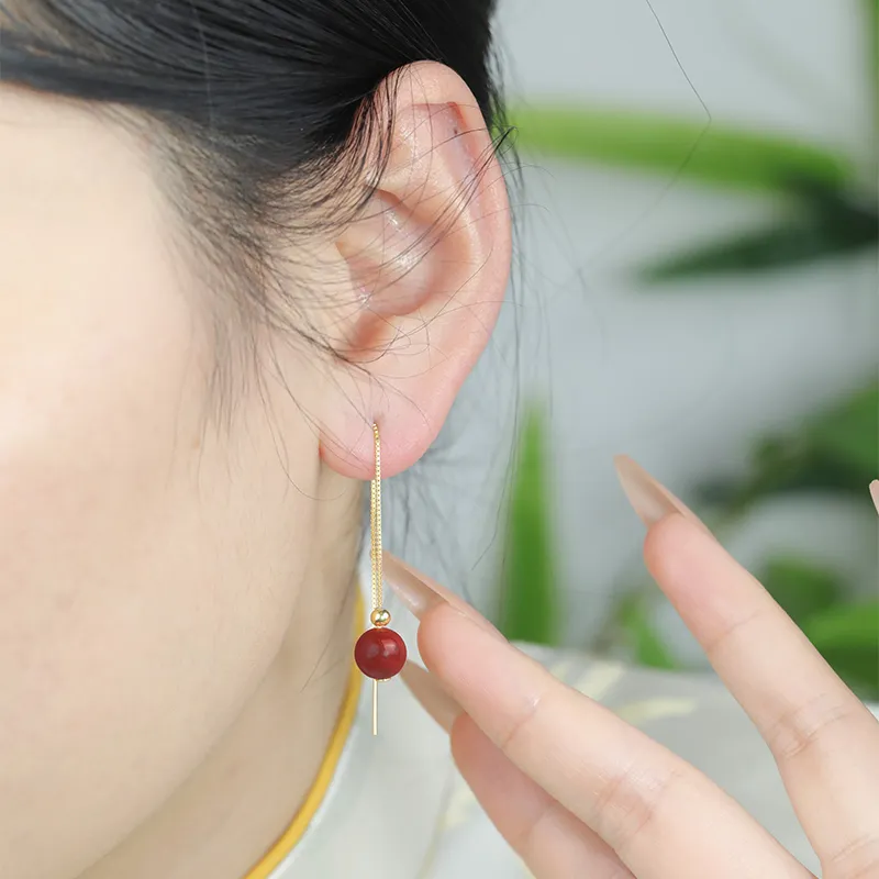 HENGTAIZHUBAO Cinnabar S925 Silver Hoop Earrings Women's-4