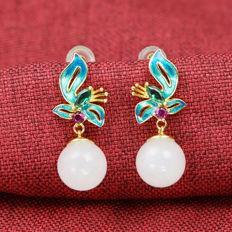 Heng Tai Jewelry Hetian Jade Earrings Green Jade Women's-3