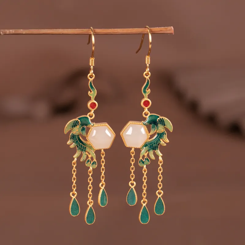HENGTAIZHUBAO Hetian Jade Earrings Pale Greenish White Jade Women's-1