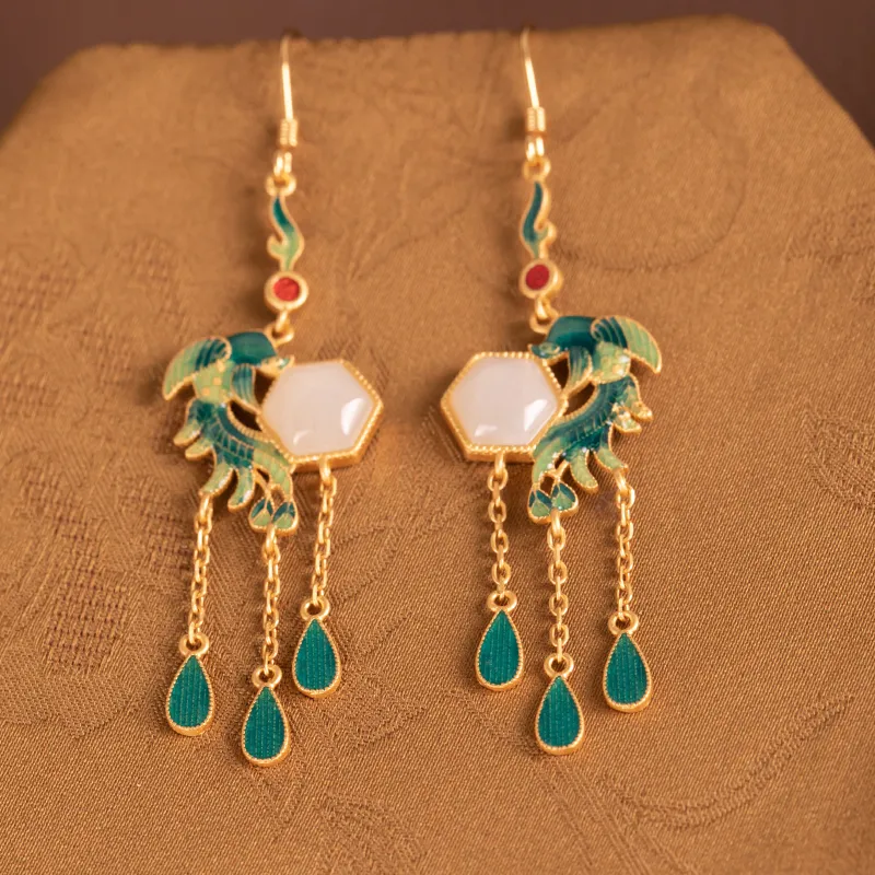 HENGTAIZHUBAO Hetian Jade Earrings Pale Greenish White Jade Women's-3